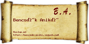 Bencsák Anikó névjegykártya
